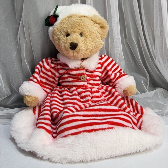 Hobby Lobby Christmas Bear Red White Stripe Dress Soft Stuffed Plush Animal 13" - Picture 1 of 9